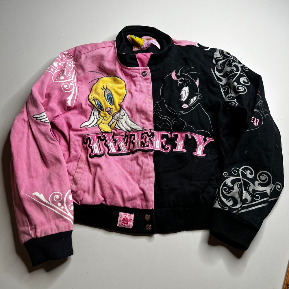 JH Design Looney Tunes Tweety Bird Angel Devil Varsity Jacket Pink Black Kids L